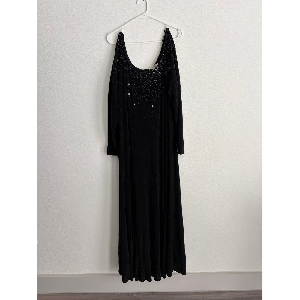 J.R. Nites Woman Black Sequin Cold Shoulder Metallic Maxi Evening Gown 20W